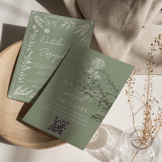 Sage Green Floral Botanical Boho QR Code Wedding 招待状