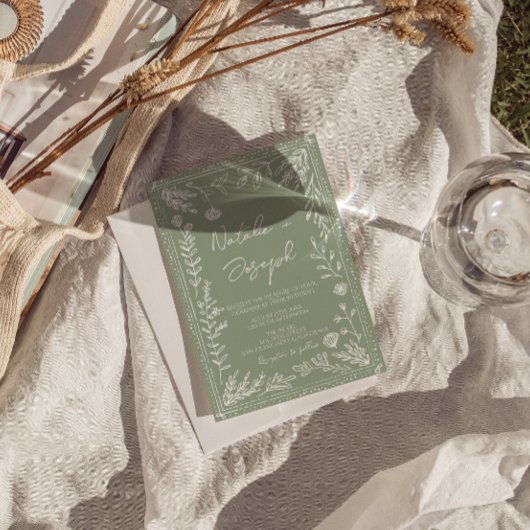 Sage Green Floral Botanical QR Code Photo Wedding 招待状