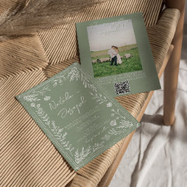Sage Green Floral Botanical QR Code Photo Wedding 招待状