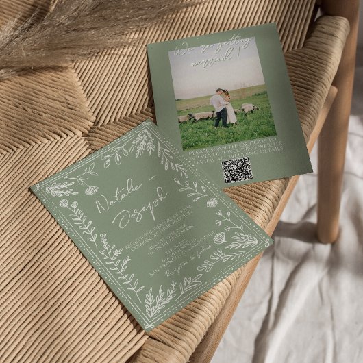 Sage Green Floral Botanical QR Code Photo Wedding 招待状
