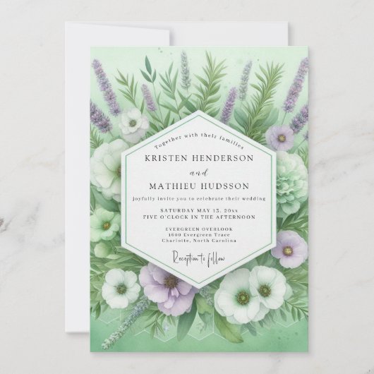 Sage Green Floral Botanical Wedding 招待状 (正面)