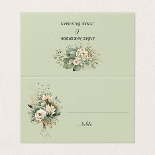Sage Green Floral Botanical Wedding | Place Card (外部フラット)