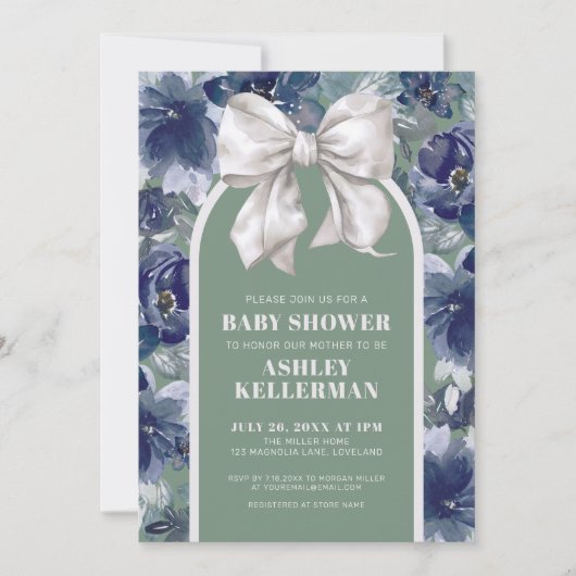 Sage Green Floral Bow Baby Shower 招待状 (正面)