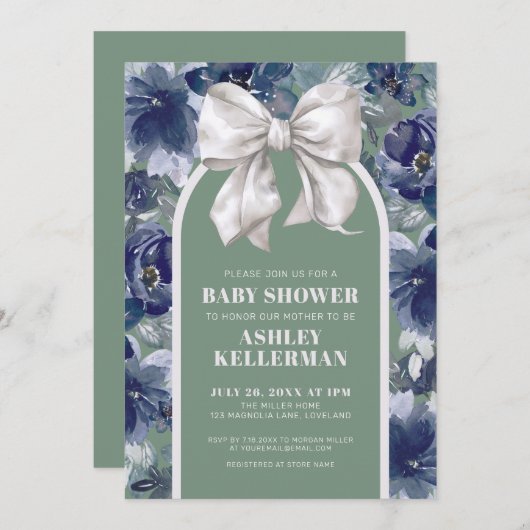 Sage Green Floral Bow Baby Shower 招待状 (正面/裏面)