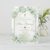 Sage Green Floral Boy Cross First Holy Communion 招待状 (スタンド正面)