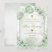 Sage Green Floral Boy Cross First Holy Communion 招待状 (正面/裏面)