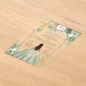 Sage Green Floral Butterfly Gold Frame Mis Quince アクリル招待状 (レイダウン)