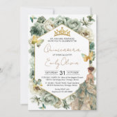 Sage Green Floral Butterfly Tiara Quinceañera 招待状 (正面)