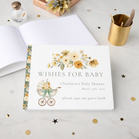 Sage Green Floral Carriage Baby Shower Guest Book ゲストブック (正面見開き)