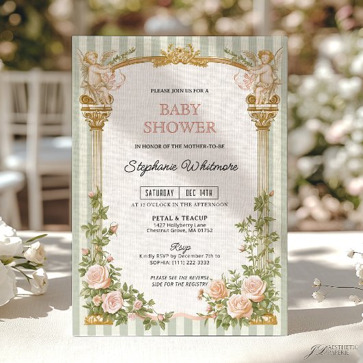 Sage Green Floral Cherub Baby Shower  招待状