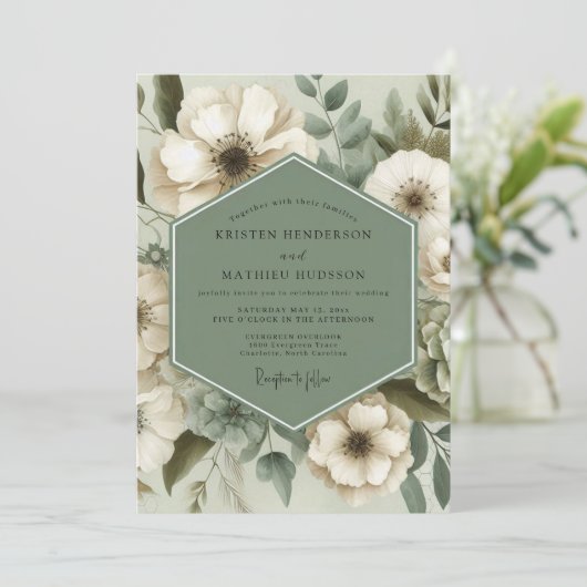 Sage Green Floral Elegance Wedding 招待状 (スタンド正面)
