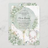  sage green floral elephant neutral gender reveal 招待状 (正面/裏面)