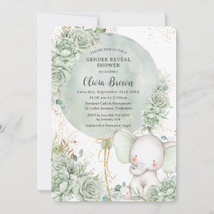 sage green floral elephant neutral gender reveal 招待状