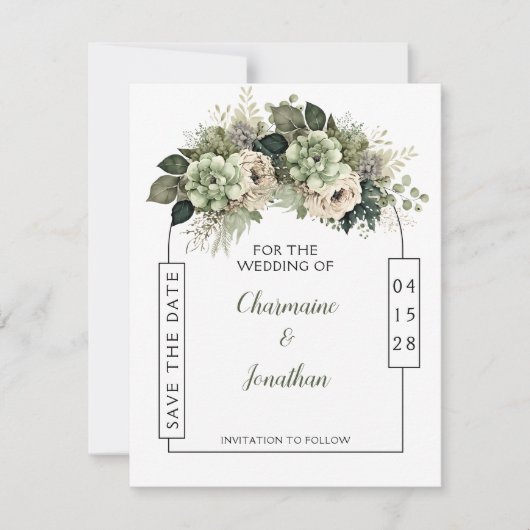 Sage Green Floral Eucalyptus Save the Date | 招待状 (正面)