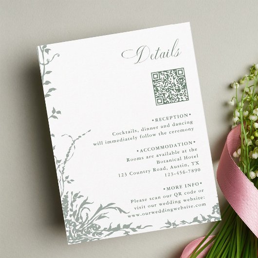 Sage Green Floral Garden Wedding QR Code Details エンクロージャーカード