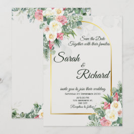 Sage Green Floral Gold Arch Wedding Invitation 招待状