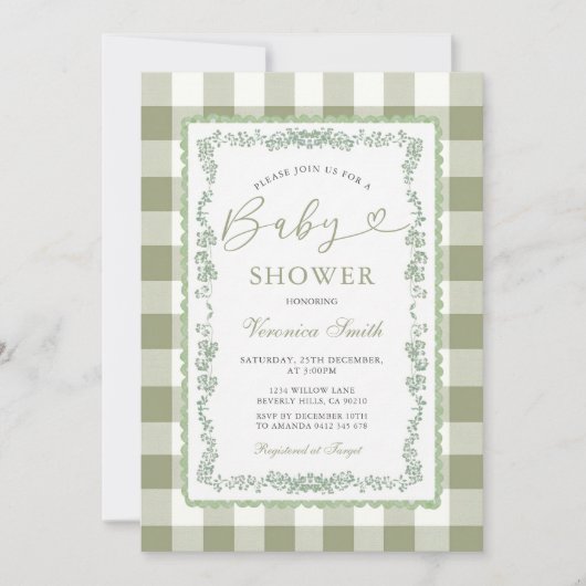 Sage Green Floral Grandmillenial Baby Shower 招待状 (正面)