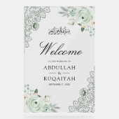 Sage Green Floral Lace Muslim Wedding Welcome アクリルサイン (正面)