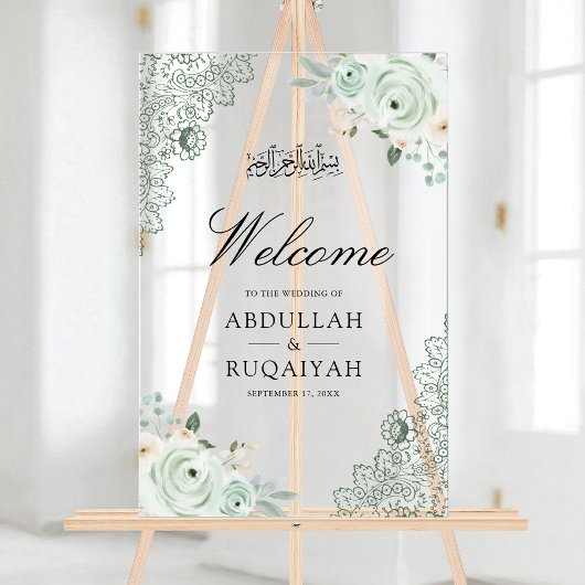 Sage Green Floral Lace Muslim Wedding Welcome アクリルサイン
