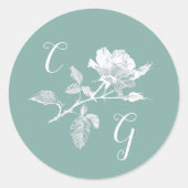 Sage Green Floral Line Art Monogram Wedding ラウンドシール (正面)