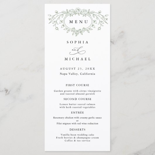 Sage Green Floral Line Art Wedding Flat Menu メニュー (正面)