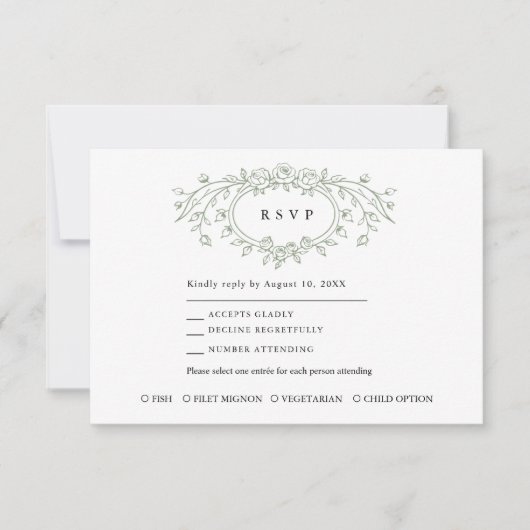 Sage Green Floral Line Art Wedding Response Card 出欠カード (正面)