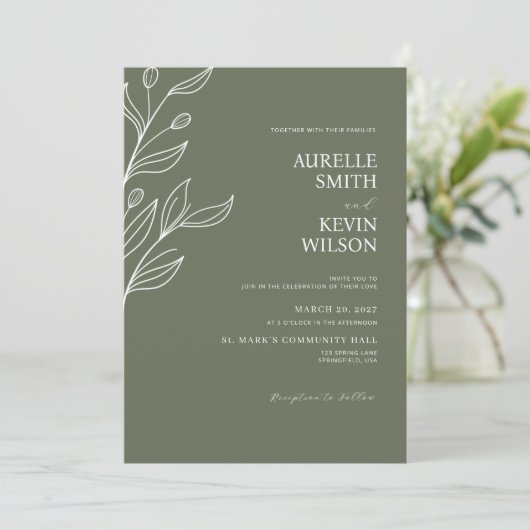 Sage Green Floral Modern Minimalist Wedding 招待状 (スタンド正面)
