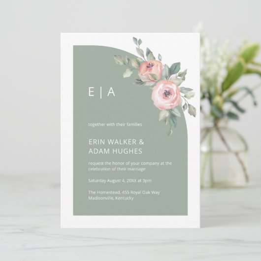  sage green floral monogram half arch wedding 招待状 (スタンド正面)