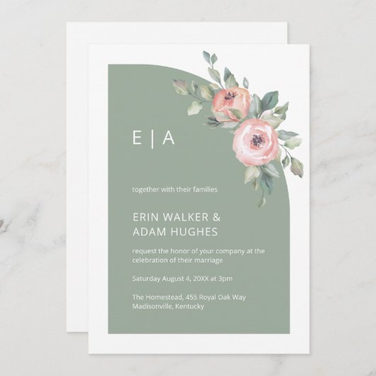  sage green floral monogram half arch wedding 招待状 (正面/裏面)