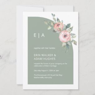 sage green floral monogram half arch wedding 招待状