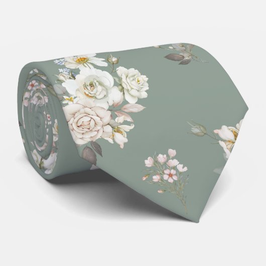 Sage Green Floral Necktie for Wedding ネクタイ (ロール)
