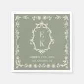 Sage Green Floral Old Money Monogram Crest Wedding スタンダードカクテルナプキン (正面)