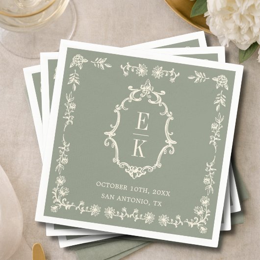 Sage Green Floral Old Money Monogram Crest Wedding スタンダードカクテルナプキン