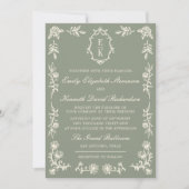 Sage Green Floral Old Money Monogram Crest Wedding 招待状 (正面)