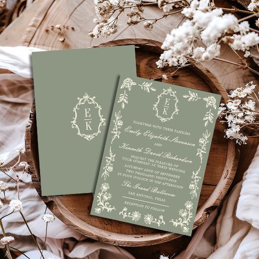 Sage Green Floral Old Money Monogram Crest Wedding 招待状