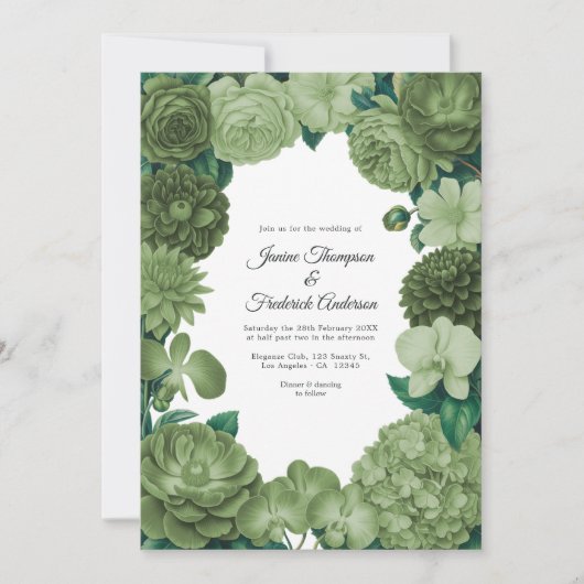 Sage Green Floral Photo and QR Code Wedding 招待状 (正面)