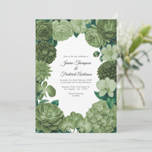 Sage Green Floral Photo and QR Code Wedding 招待状 (スタンド正面)