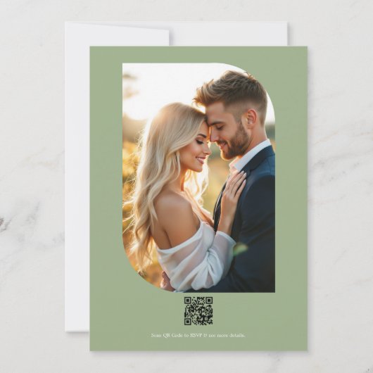 Sage Green Floral Photo and QR Code Wedding 招待状 (裏面)