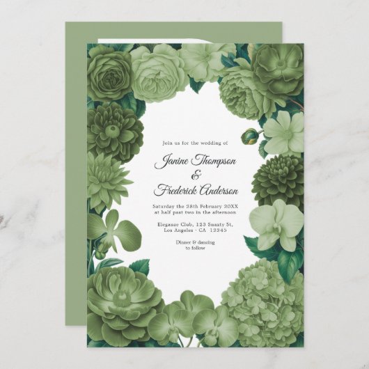 Sage Green Floral Photo and QR Code Wedding 招待状 (正面/裏面)