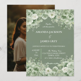 Sage Green Floral Photo Back Wedding 招待状