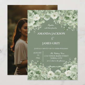 Sage Green Floral Photo Back Wedding 招待状