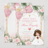 Sage Green Floral Pink Girl First Holy Communion 招待状 (正面/裏面)