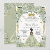 Sage Green Floral Princess and Frog Quinceañera 招待状 (正面/裏面)