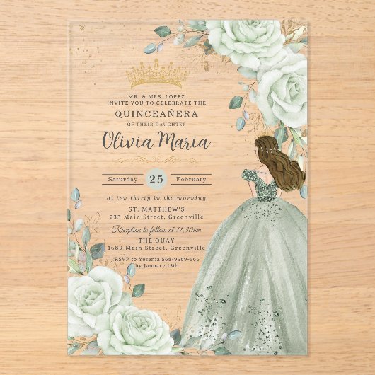 Sage Green Floral Princess Gown Quinceañera Quince アクリル招待状 (正面)
