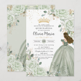 Sage Green Floral Princess Gown Quinceañera Quince 招待状