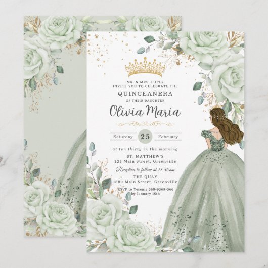 Sage Green Floral Princess Gown Quinceañera Quince 招待状 (正面/裏面)