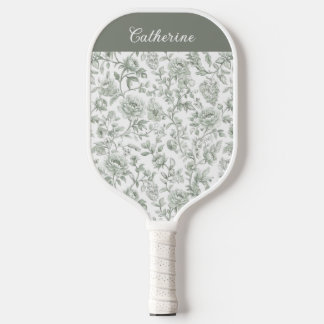 Sage Green Floral Vintage Toile Monogram Name ピックルボールラケット