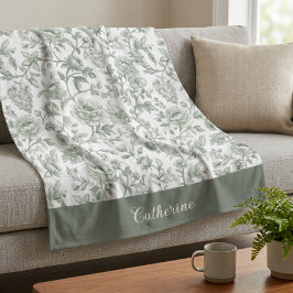Sage Green Floral Vintage Toile Monogram Name フリースブランケット