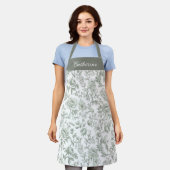 Sage Green Floral Vintage Toile Pattern エプロン (着用した状態)