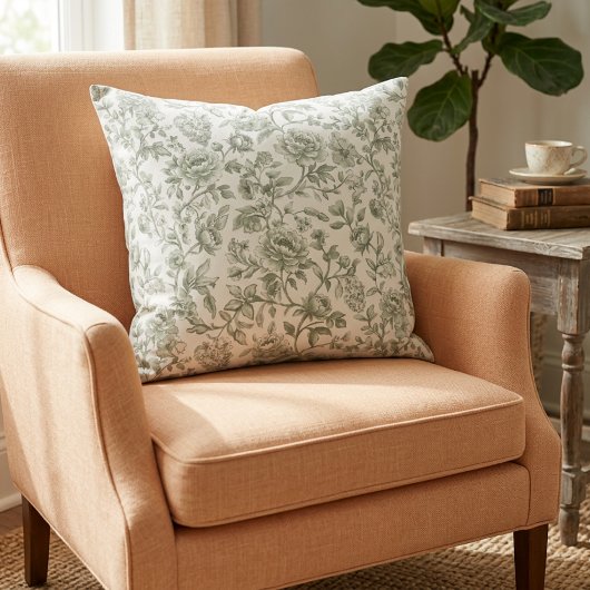 Sage Green Floral Vintage Toile Pattern  クッション